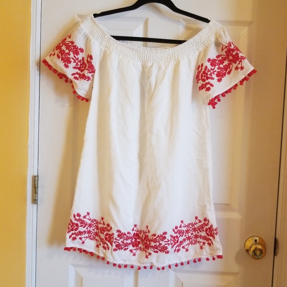 Ivory dress w/ red flower & pom pom details